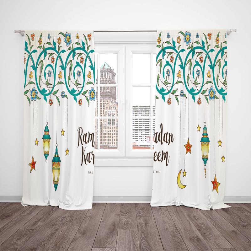2PCS- Islamic - Ramadan Blessing Printed Curtain - Polyester Material, Suitable for Bedroom Living Room