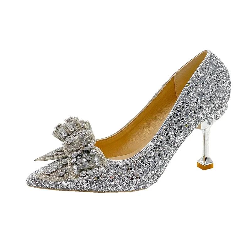Fashion Women's Rhinestone Wedding Shoes New Year Shoes Luxury Buckle Decorative Banquet Women's Shoes High Heels Gold Silver Red