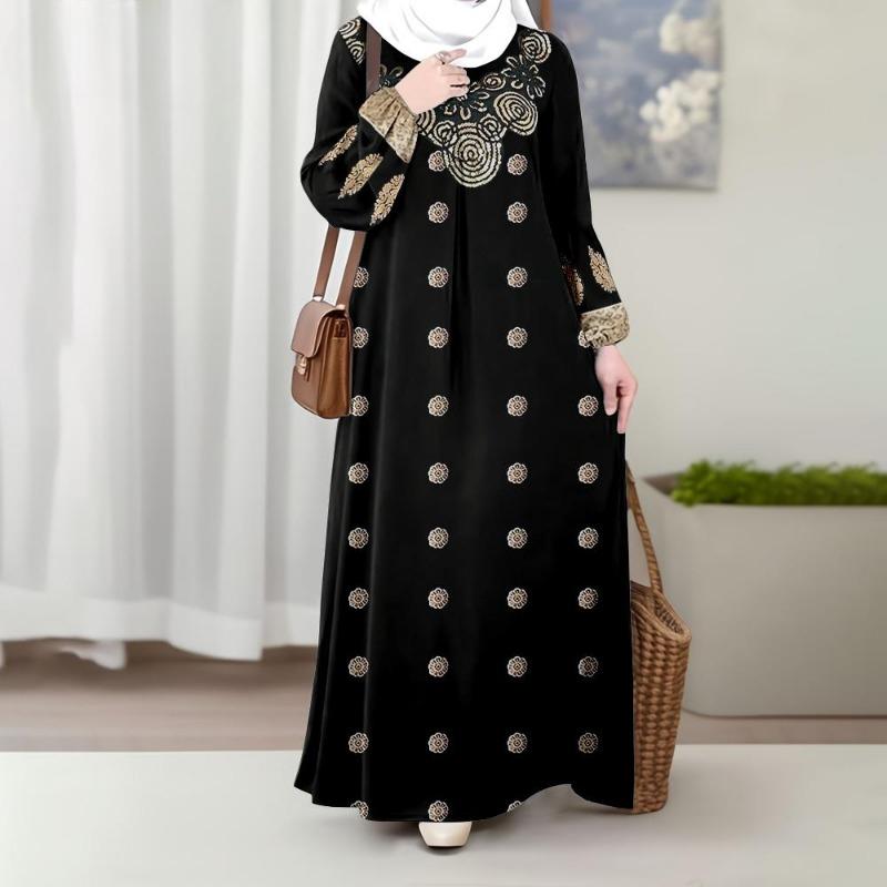 

Черное платье, с длинным рукавом, элегантное и облегающее, с креативным белым цветочным узором, демонстрирующее элегантный стиль мусульманских платьев 3XL разноцветный