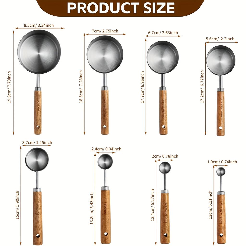 Multiple colors available Stainless steel measuring cup and spoon set with wooden handle Metric and American wooden handles High-quality
