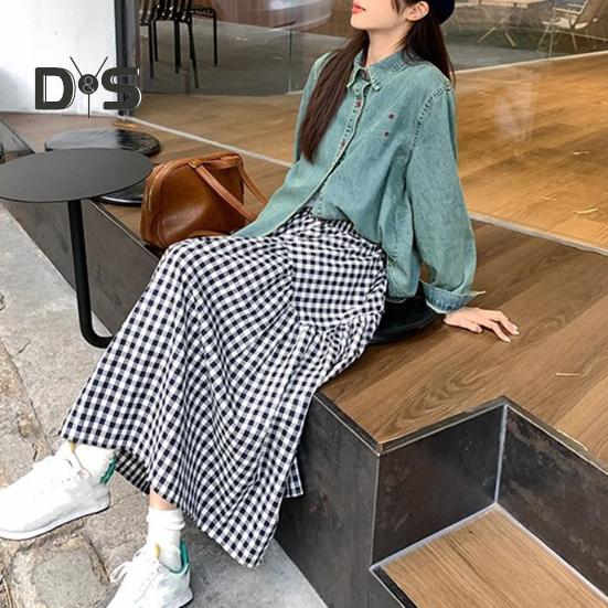 Women Midi Skirt Plaid Print Stitching Design A-Line Skirt Elastic High Waist Retro Style Swing Skirt Daily Wear