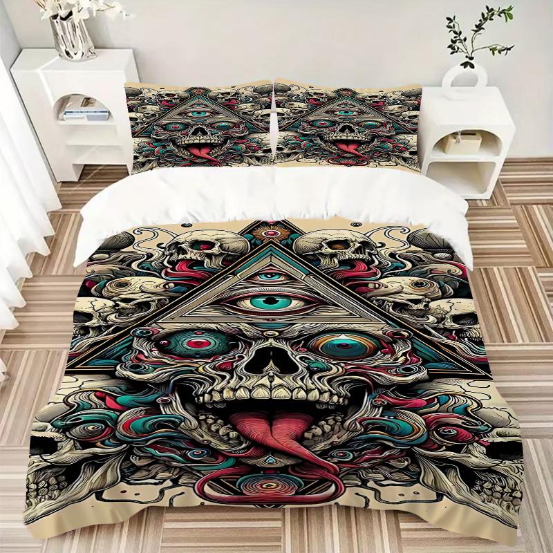 3pcs Anime Skulls & Pyramids Comforter Set with One Quilt Cover and Two Pillowcases (No Core) - Home Decor, Festival Gift, Polyester Fabric, Bedroom a