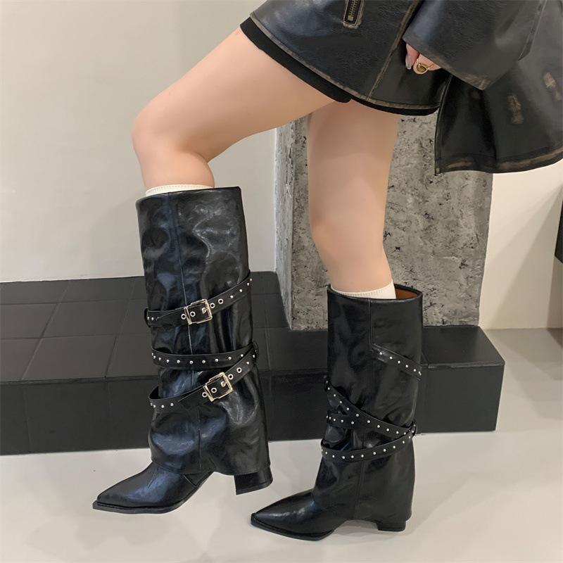 2025 Autumn and Winter New Trouser Boots Thick Heel Rivet Belt Buckle But Knee Boots Pointed High Boots Women