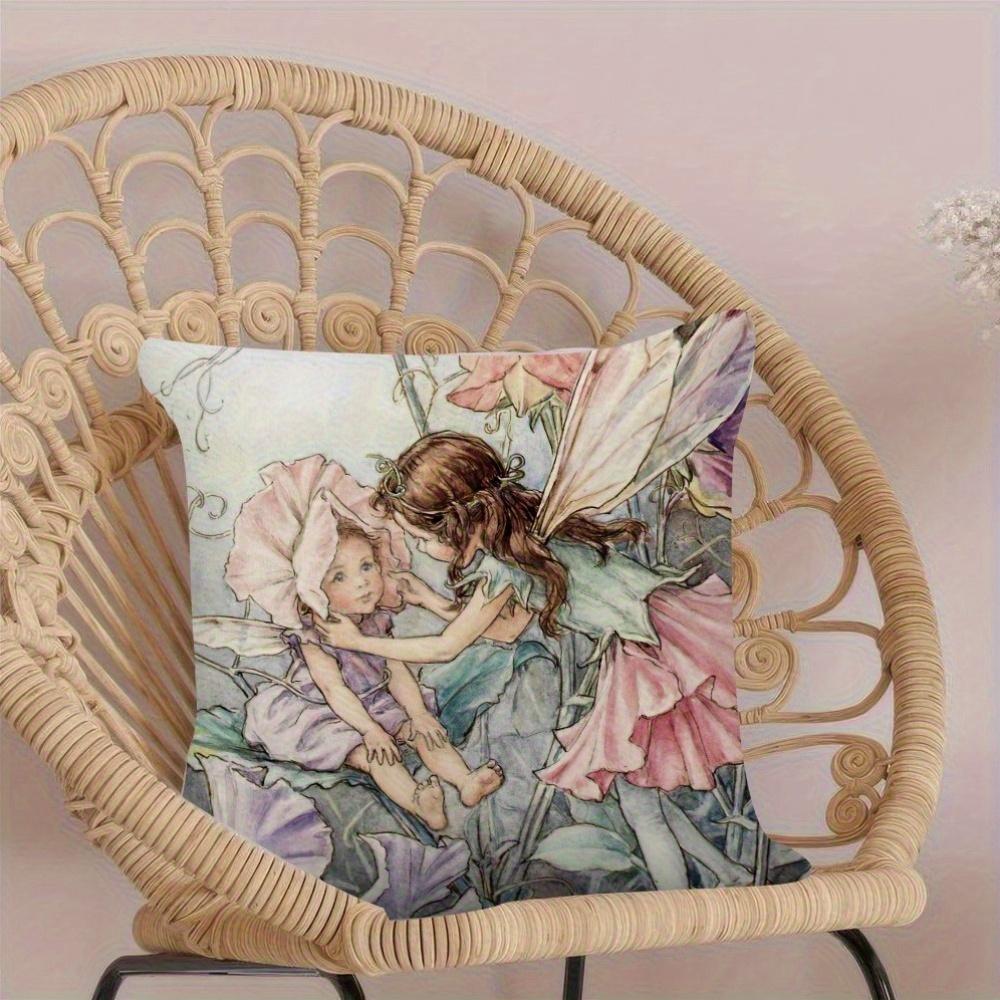 Vintage Flower Fairy Pillow Cover Watercolor Print Whimsical Floral Decor Soft Cozy For Sofa Bed Living Room Fairy Tale Gifts