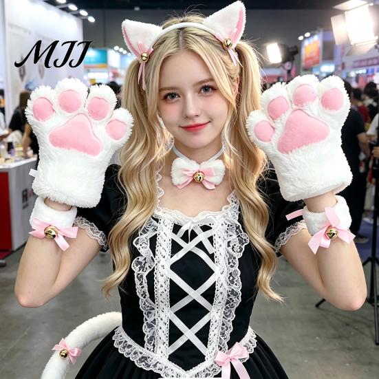 Měkké plyšové kočičí uši 7 ks Cosplay kostýmová sada, Čelenka s ušima, Rukavice s tlapkami, Límec s mašlí, Čelenka s rolničkou, Náramek na zápěstí, Ocas, Halloweenská párty Koťátko Doplňky