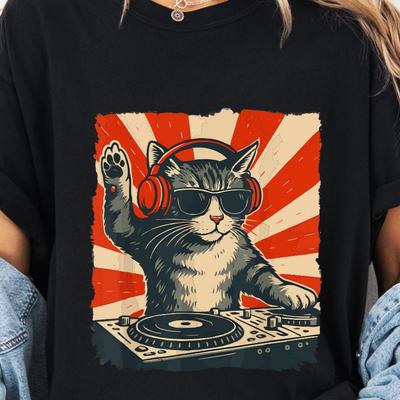 DJ Cat Wearing Headphones T-Shirt, Funny DJ Cat Shirt Gift, Music Lover DJ Graphic Tee
