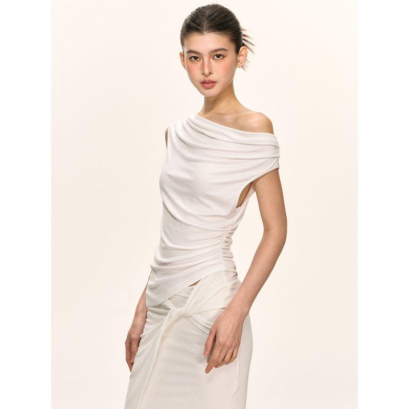 

Anna Aneae Ruched Shoulder Short Sleeve T-Shirt Suit Women s Summer Sexy Stylish Skirt Two-piece Set White Tops S