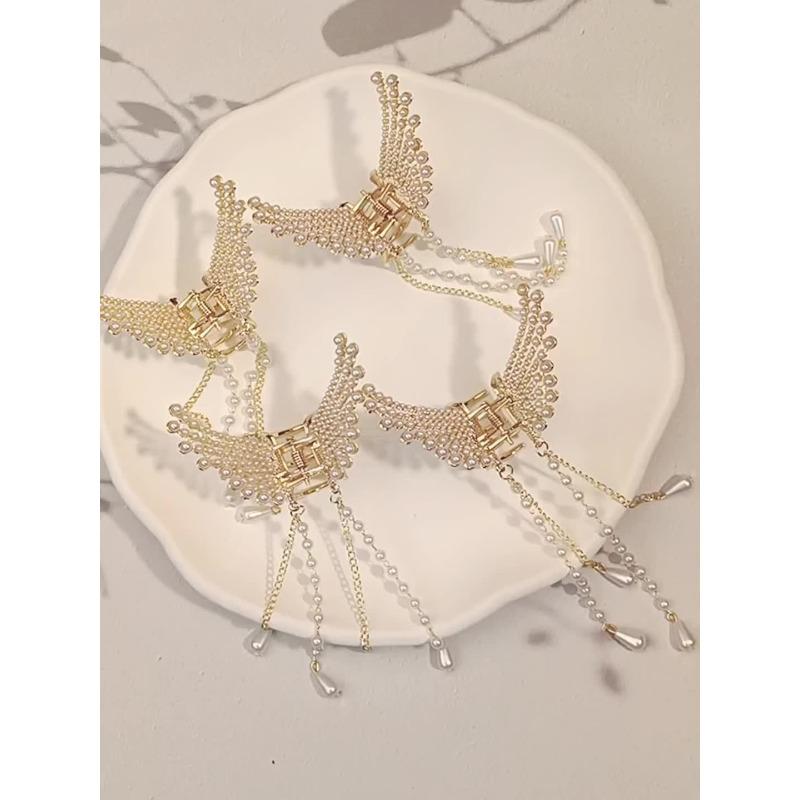 Diamond Studded Angel Wing Tassel Hair Clip with Pearl Flower And Butterfly Design, a Chic Shark Clip for Elestyles, a Sweet And Air Accessory That I