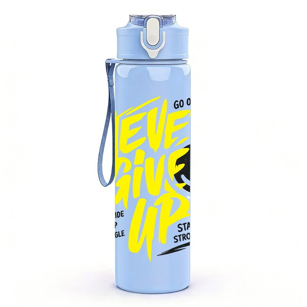 1PC Never Give Up Yellow Slogan Print 750ml Color Plastic Sports Water Bottle Leakproof Flip Straw Lid Suitable for Sports Office Home Use