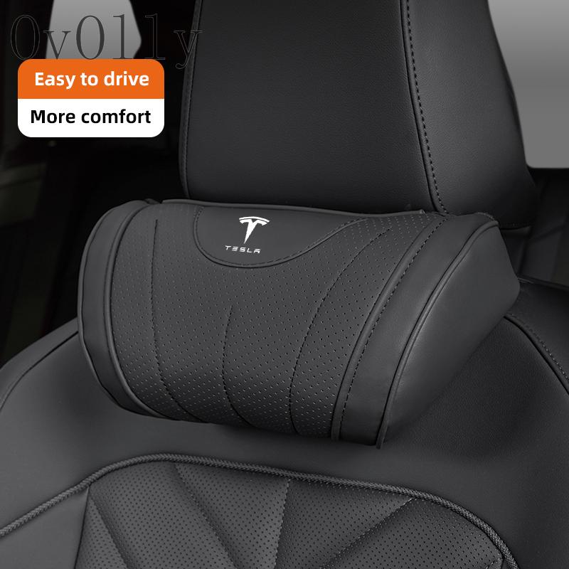 QSGMX1 Car seat Neck Pillow Leather Breathable Soft Headrest Accessories For Tesla X Cybertruck Highland Juguete Model 3 Y Roadster S
