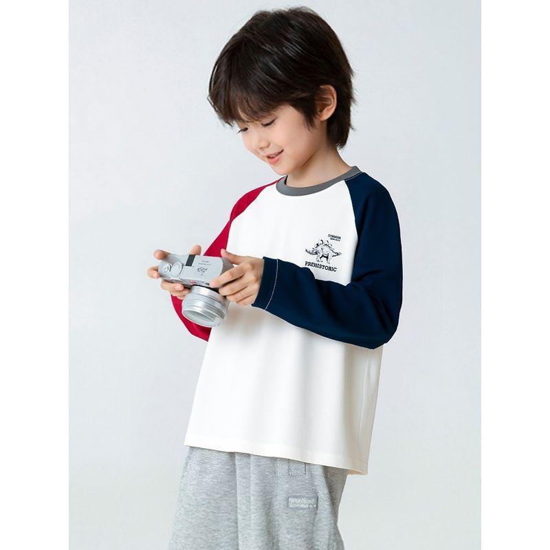 Korean Style Children's Clothing for Older Boys, Spring Cartoon Color-Blocking Round Neck Long-Sleeve T-Shirt, Pure Cotton Base Shirt