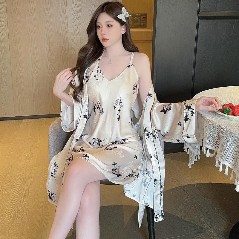 New nightgown women's summer ice silk suspender two-piece nightgown sexy temptation jacquard hanging skirt pajamas loungewear