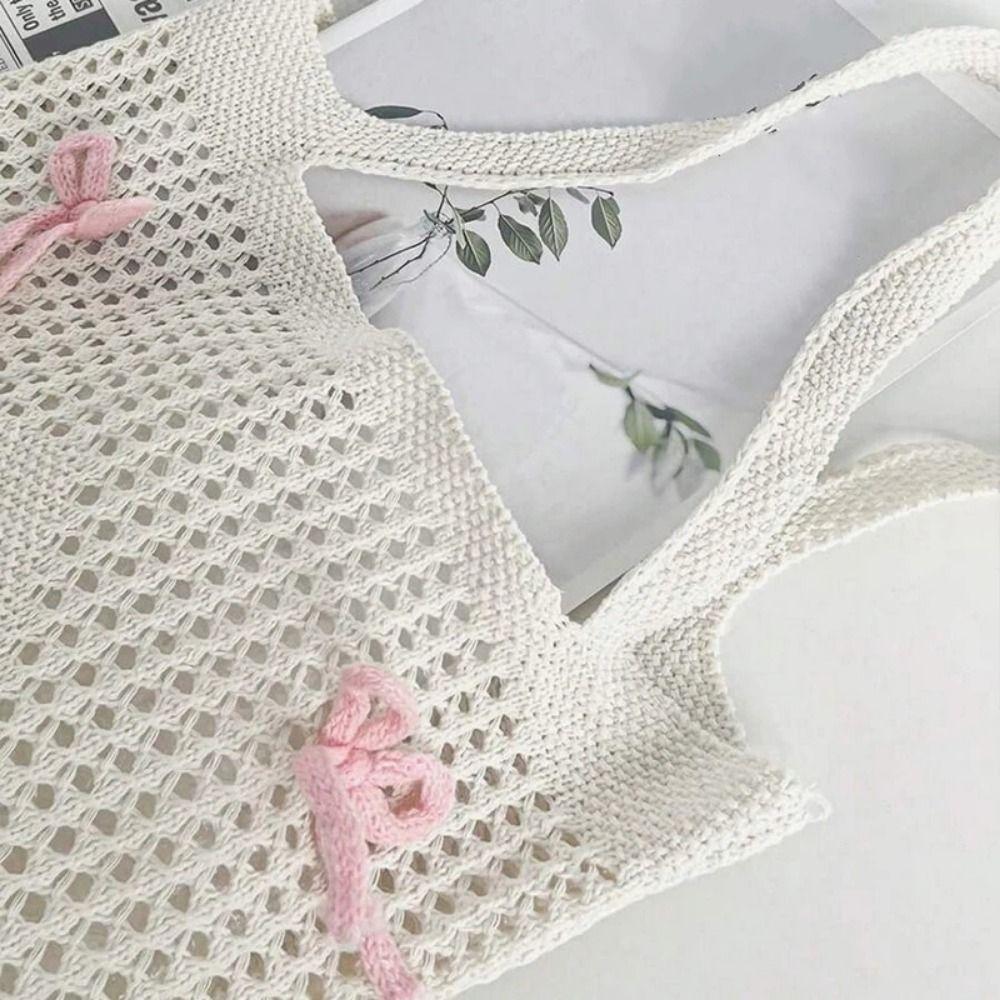 Large Capacity Knitted Shoulder Bag Handmade Weaving Woven Underarm Bag Hollow Out Handbag  Picnic