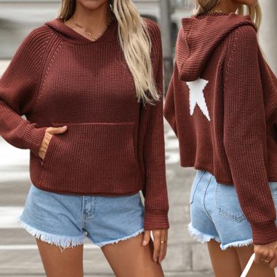 Women Knitting Sweater Hooded Raglan Long Sleeve Star Pattern Pullover Hoodie Front Pocket Loose Fit Sweater Tops
