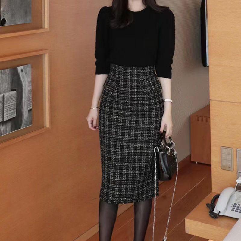 

Шерстяная клетчатая юбка-полусолнце Маленький ароматный стиль Осень и зима Новая коллекция Средней длины Приталенная юбка M чёрный