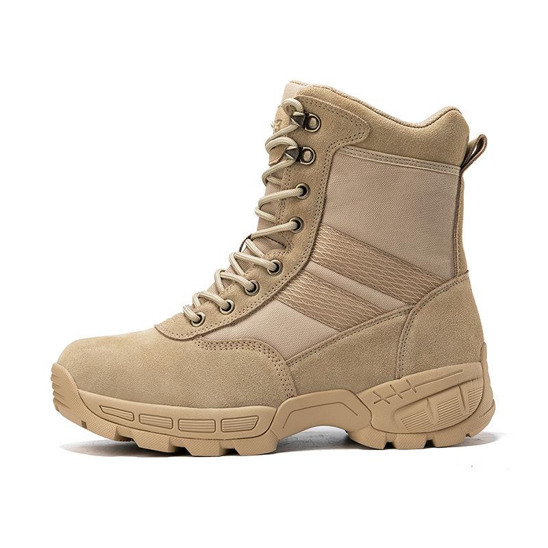 2025 brown combat boots, new desert training shoes, outdoor hiking boots, high-top first-layer cowhide defense