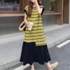 ZANZEA Women Casual Round Neck Summer Short Sleeve Stripe Patchwork Long Dress
