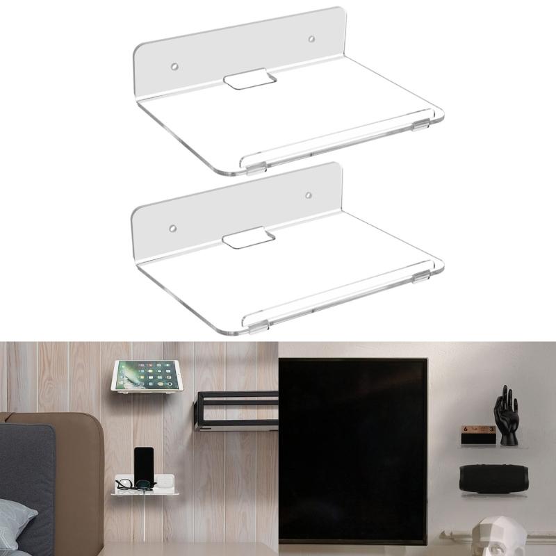 2 Pack Clear Floating Shelf Invisible Wall Mounted Stand with Cord Hole Small Display Holder for Speaker Action Figures
