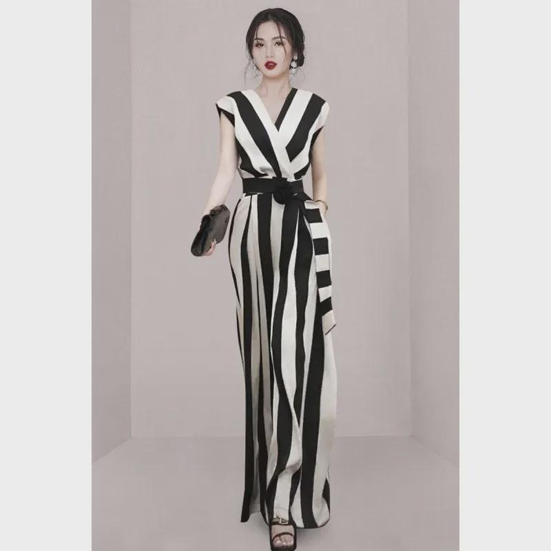 Sleeveless V-Neck Striped Jumpsuit with Waist Belt