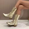 Gold Mid-calf Woman Side Zipper Silver Pointed Western Cowboy Retro Fashion Black Plus Size 36-43 Women Ankle Boots for Women