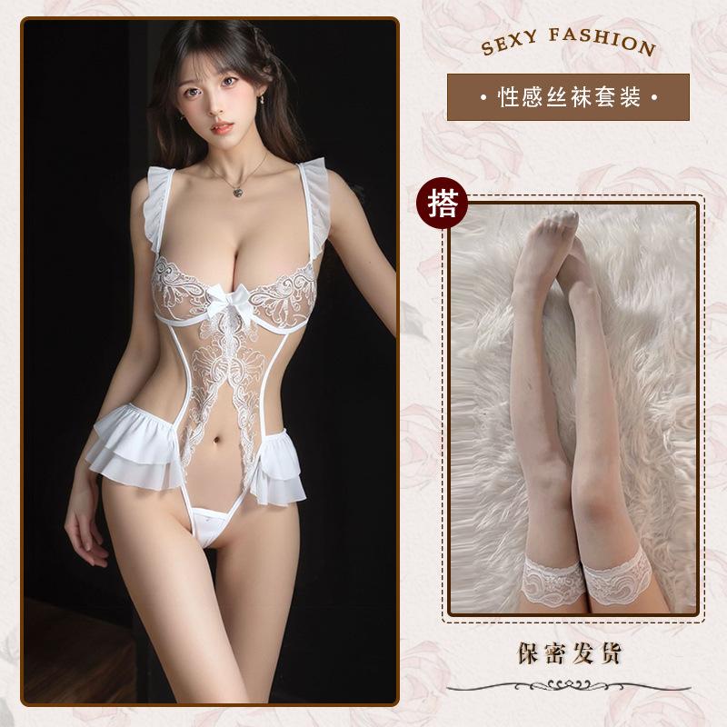 Sexy underwear Sexy lace one-piece suspender pajamas Hollow open crotch Hot robe Small breasts gather uniform free