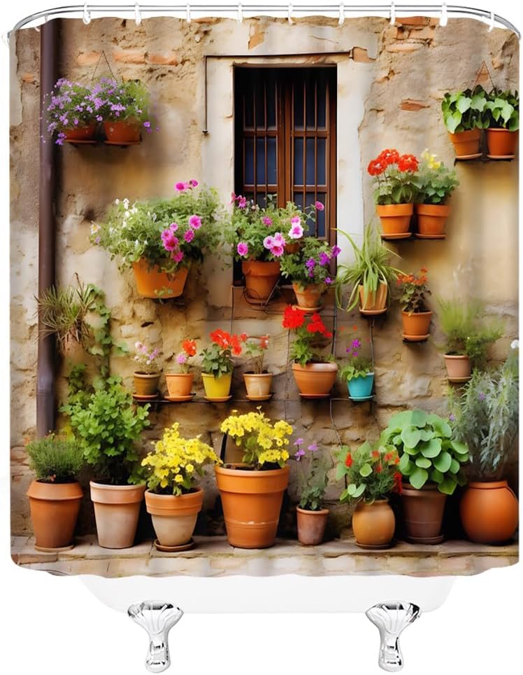 Italian Shower Curtain European Street Garden Old Wall Nature Flower Potted Plant Vintage Mediterranean Scene Bathroom Decor