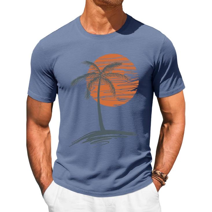 Runcati Mens Short Sleeve T-Shirts Graphic Crew Neck Shirt Printed Tees | Casual, Summer Beach, Sunset Palm Tree, Vintage Hawaiian Tees