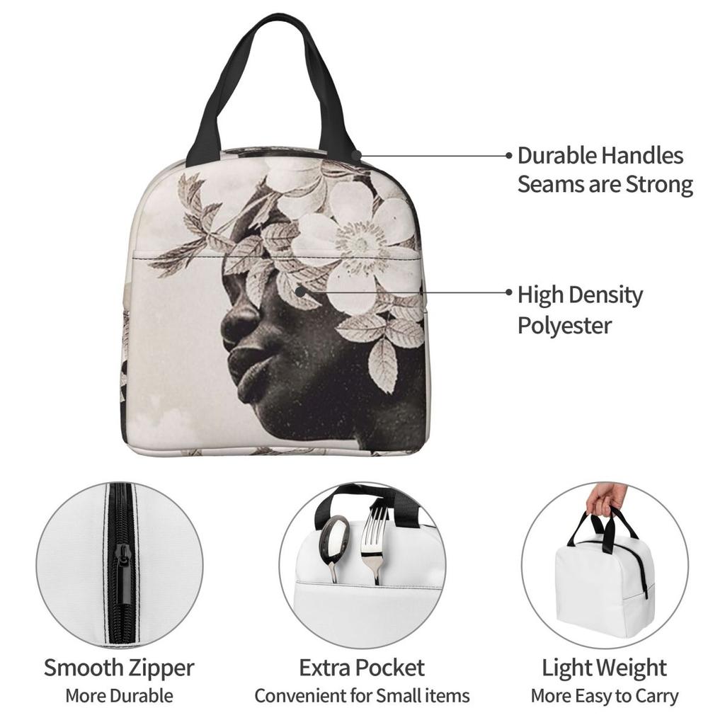 White Flower Black Woman Insulated Lunch Bag for Women Children Portable Food Boxes Thermal Lunch Box Tote