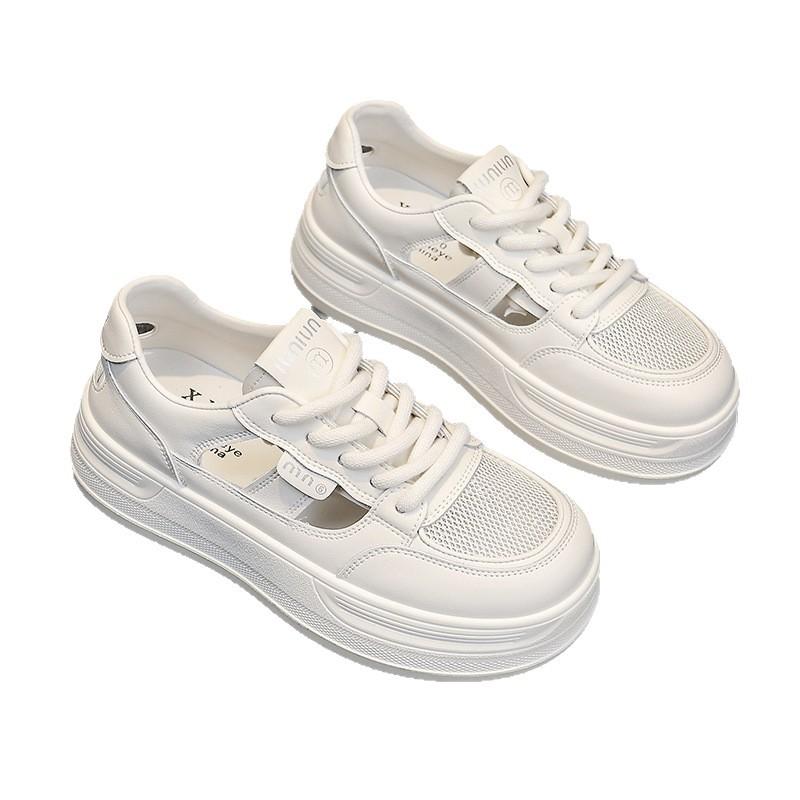 Auf Scheiße treten Gefühl Leder kleine weiße Schuhe Damen 2025 neu Sommer hohles Mesh atmungsaktiv dicke Sohle keine stickigen Füße Board Schuhe Damen