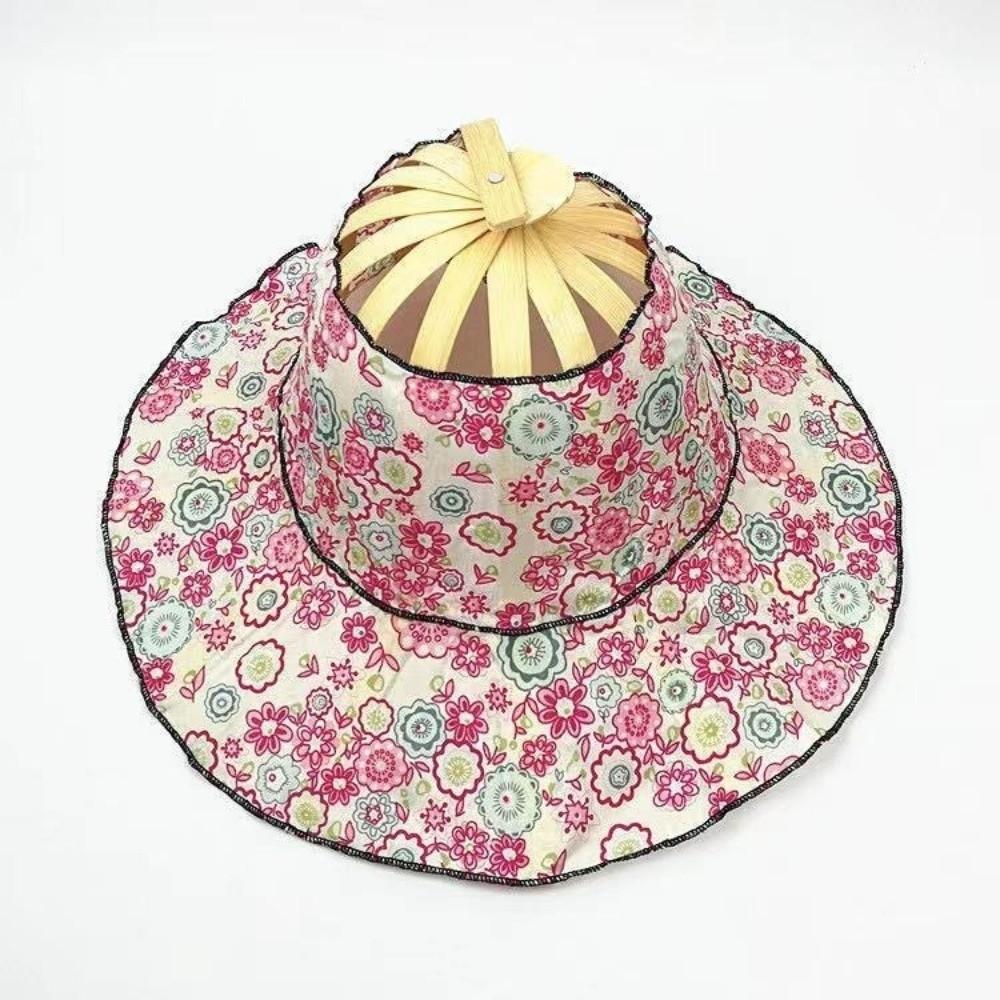 Floral Printed Fan Sun Hats Foldable Bamboo Sunscreen Cap Women Sunhat Folding Fan Hat  for Travel