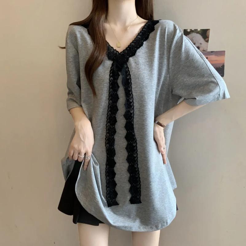 Fashionable Lace Splicing Short-sleeved T-shirt for Women Summer New Korean Style Casual Loose Mid-length T-shirt Top