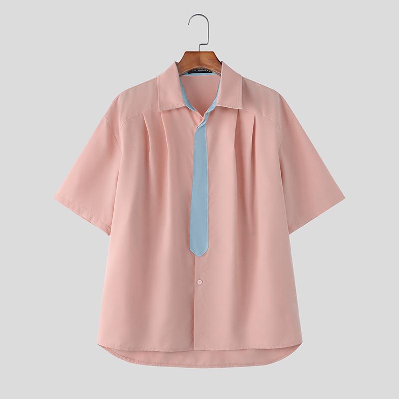 INCERUN Oversized Men Lapel Neck Short Sleeve Stitching Casual Loose Shirts