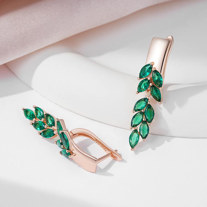 Green Leaf Zircon Dangle Earrings For Women Rose Gold Color Luxury Jewelry Gift Bride Wedding Earrings