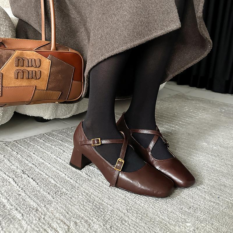 Sheepskin version 2025 spring new French retro Mary Jane single shoes square head thick heel commuter OL high heel single shoes women