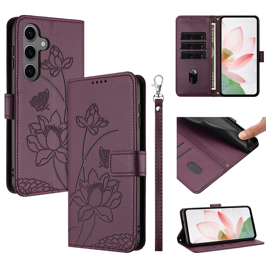 For Samsung Galaxy S25/S24 Case Wallet Stand Lotus Imprint Leather Phone Cover with Wrist Strap