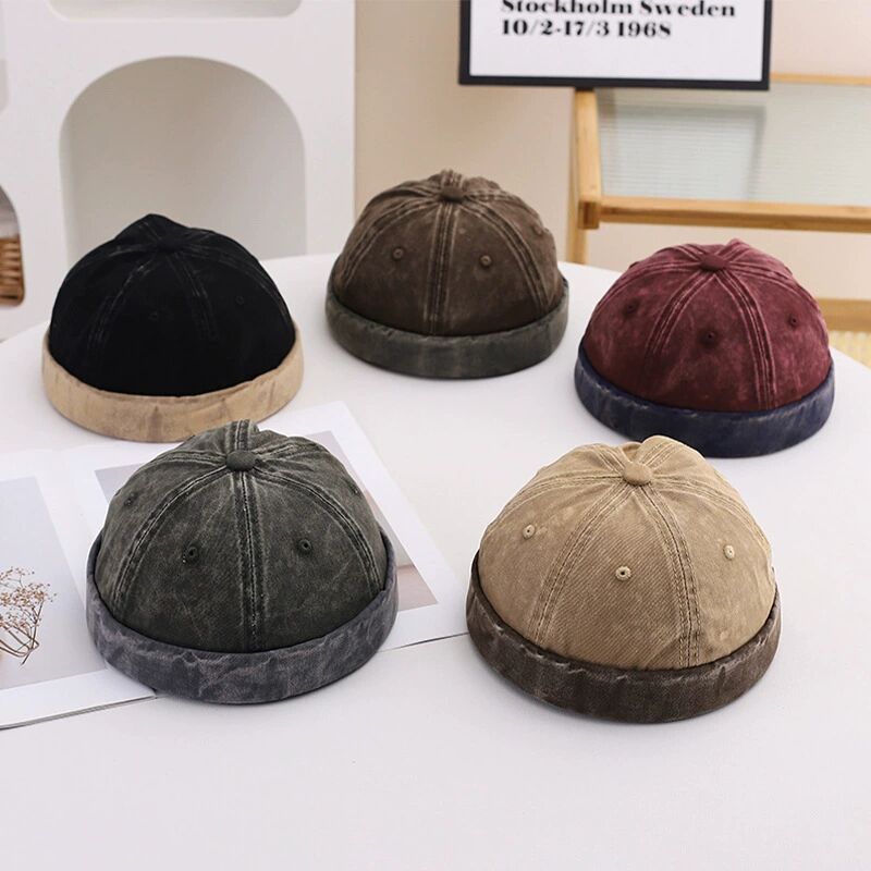 1Pc Washed Docker Beanie Brimless Cap Hat Without Visor Solid Color Retro Vintage Street Style Spring Autumn Outdoor Gorras