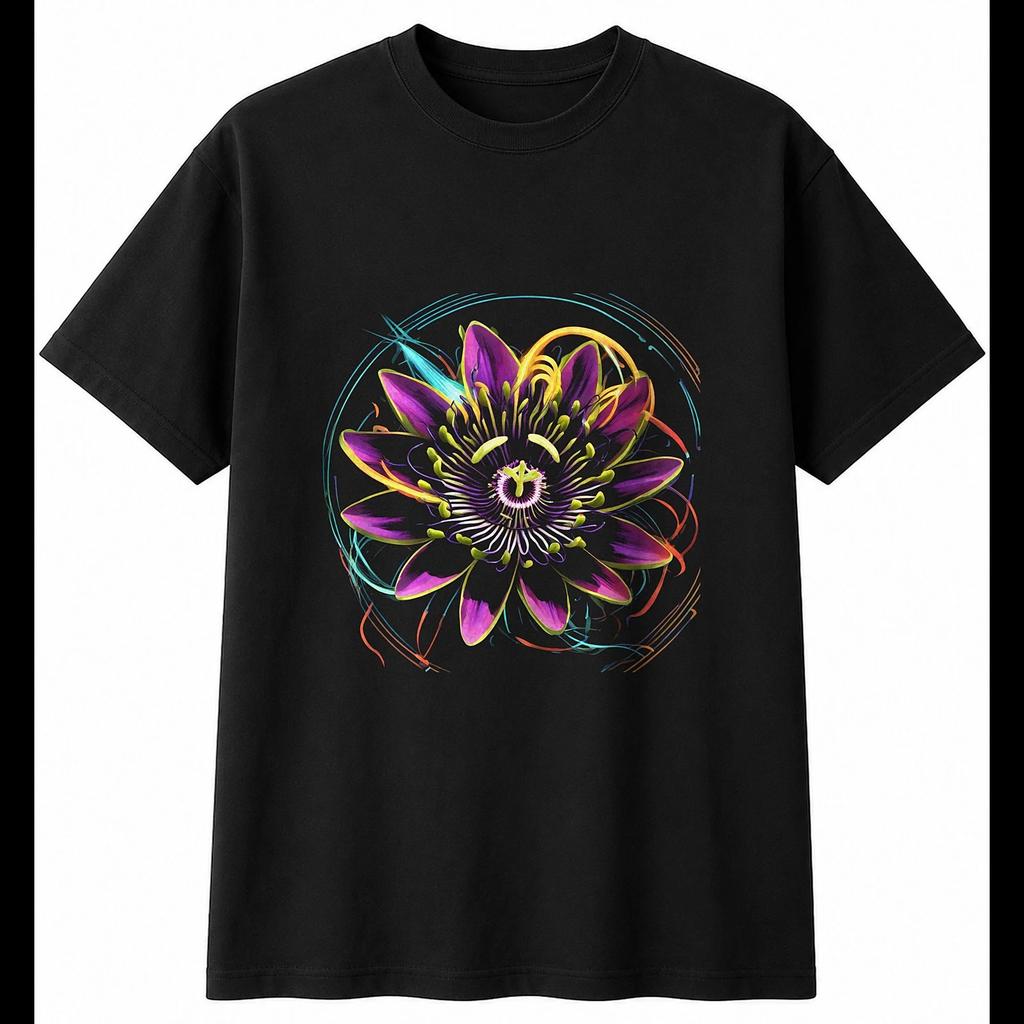 Passion Flower Fantasy Art Nature Mens T-Shirt Black 100% Cotton Floral Printed