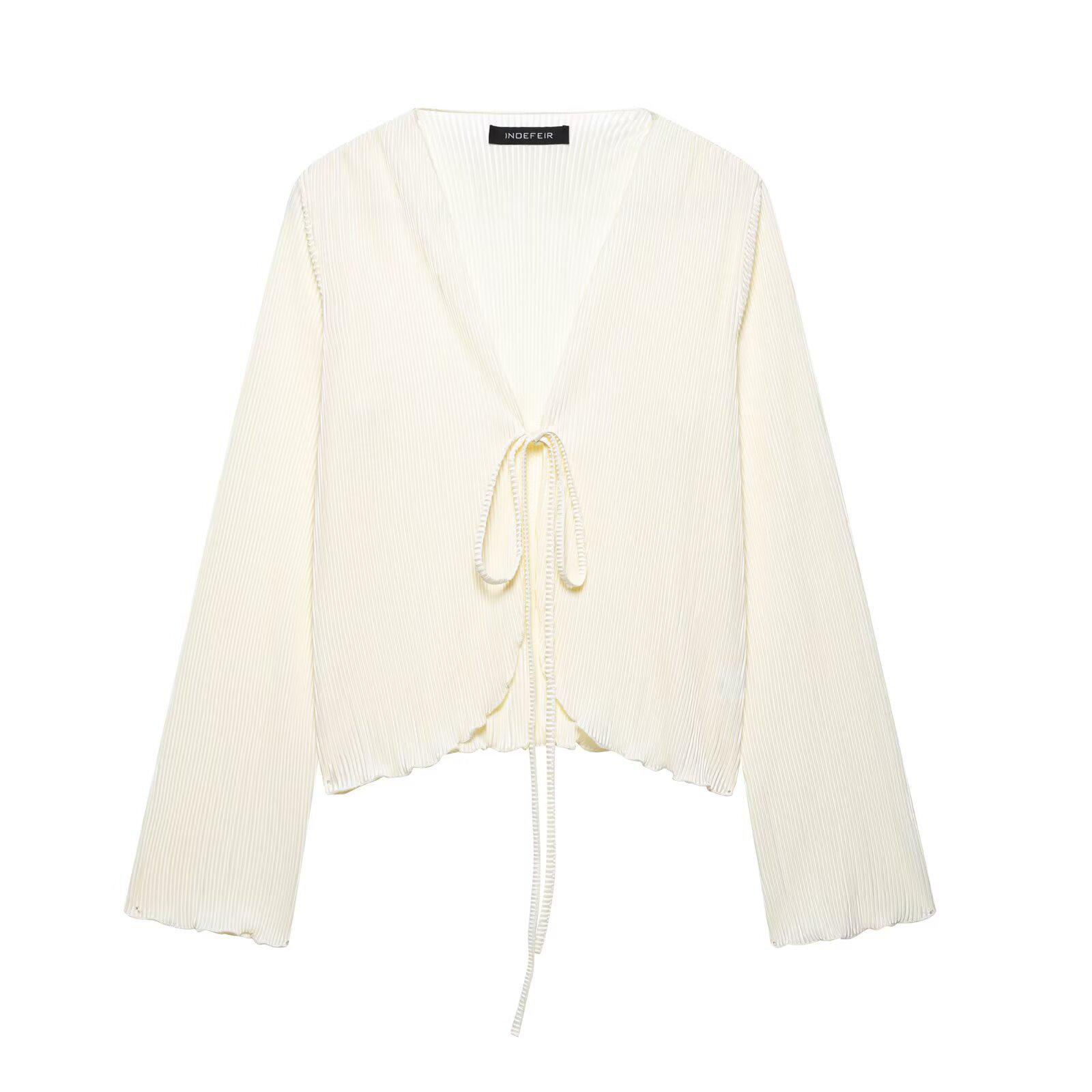 

2025 Весна Женская Европейский и Американский Стиль Сексуальная Приталенная Рубашка с Рукавами-Колоколами Small грязно-белый