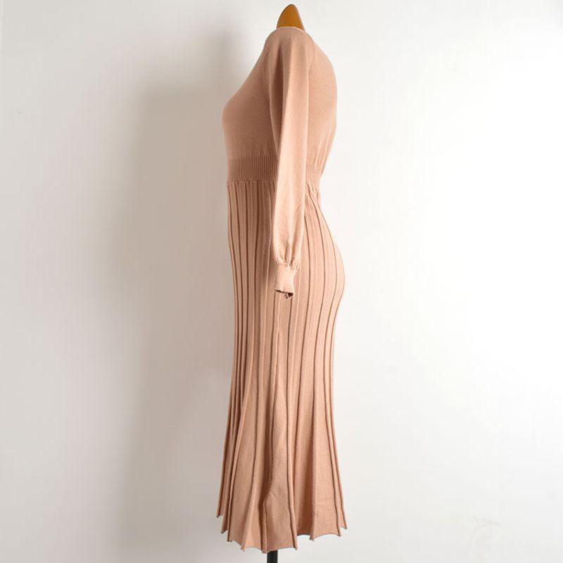 Foreign Trade Original Order New Solid Half-high Collar Long Sleeve Knitted Dress Women Clothes Waist Slimming Over the Knee Pleated Long Dress