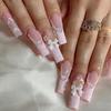24 Stuks Lange Vierkante Press-On Nagels Frans Blauw Glitter Bloemen Design Plak Op Kunstnagels Voor Vrouwen Draagbare Manicure Tips