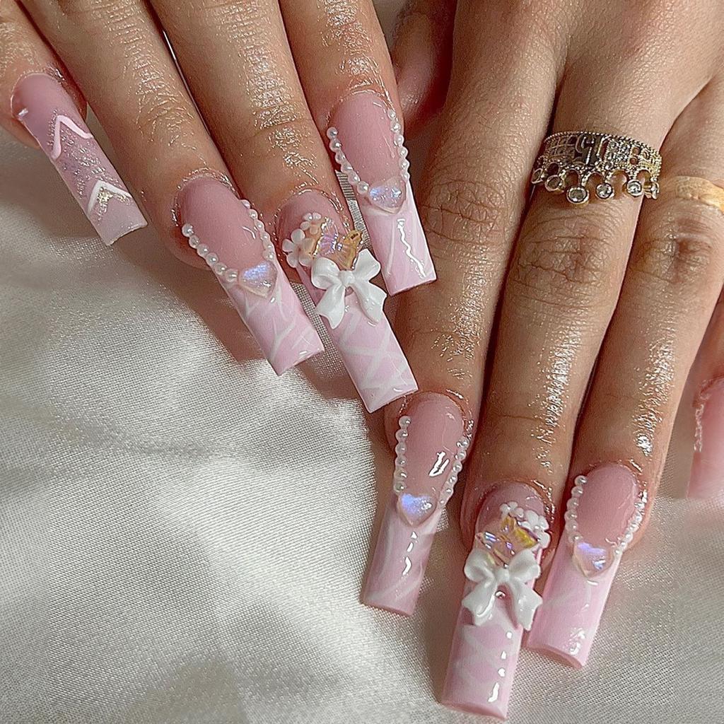 24 Stuks Lange Vierkante Press-On Nagels Frans Blauw Glitter Bloemen Design Plak Op Kunstnagels Voor Vrouwen Draagbare Manicure Tips