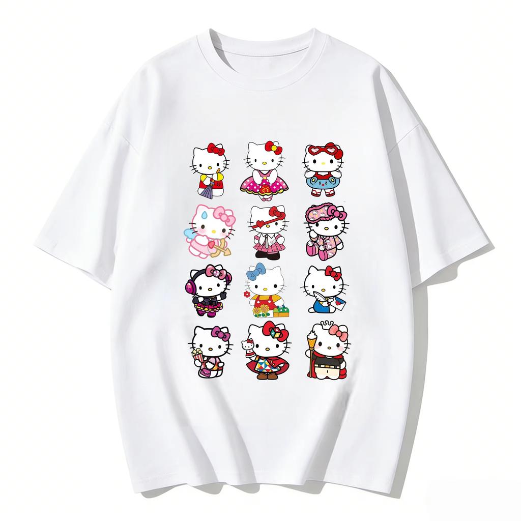 Cute Hello Kitty MultiCharacter Print Tshirt Casual Short Sleeve Tees for Comfortable summer loose Tshirt for Women