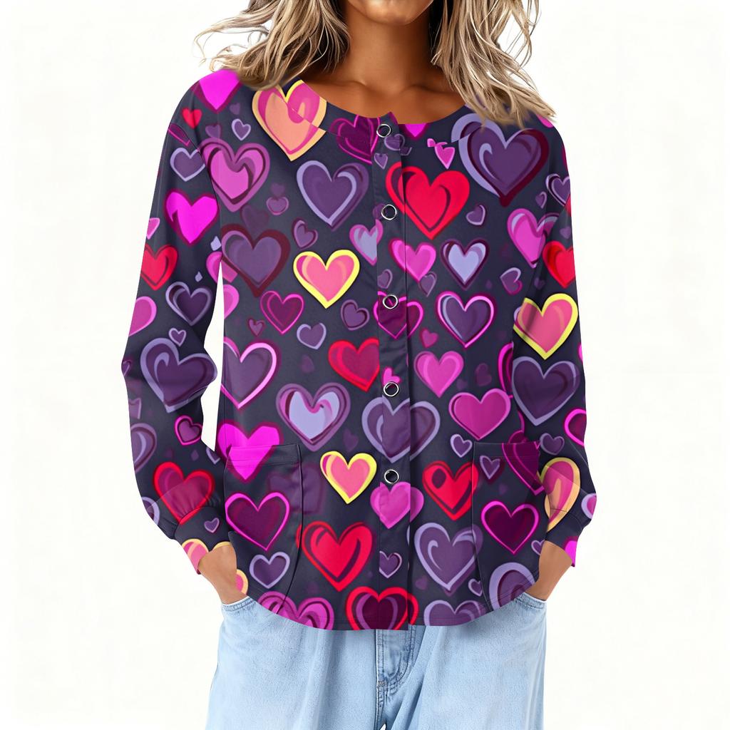 Women Long Sleeve Printed Pocket Working Stand Collar Single-breasted Protective Overalls Cardigan Jacket Top