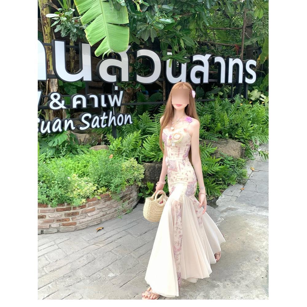 

Женский летний приморский отпуск талия красивая, красивое цветочное сетчатое платье на бретелях, облегающее бедра платье «рыбий хвост» XL- (recommended 110-60kg)