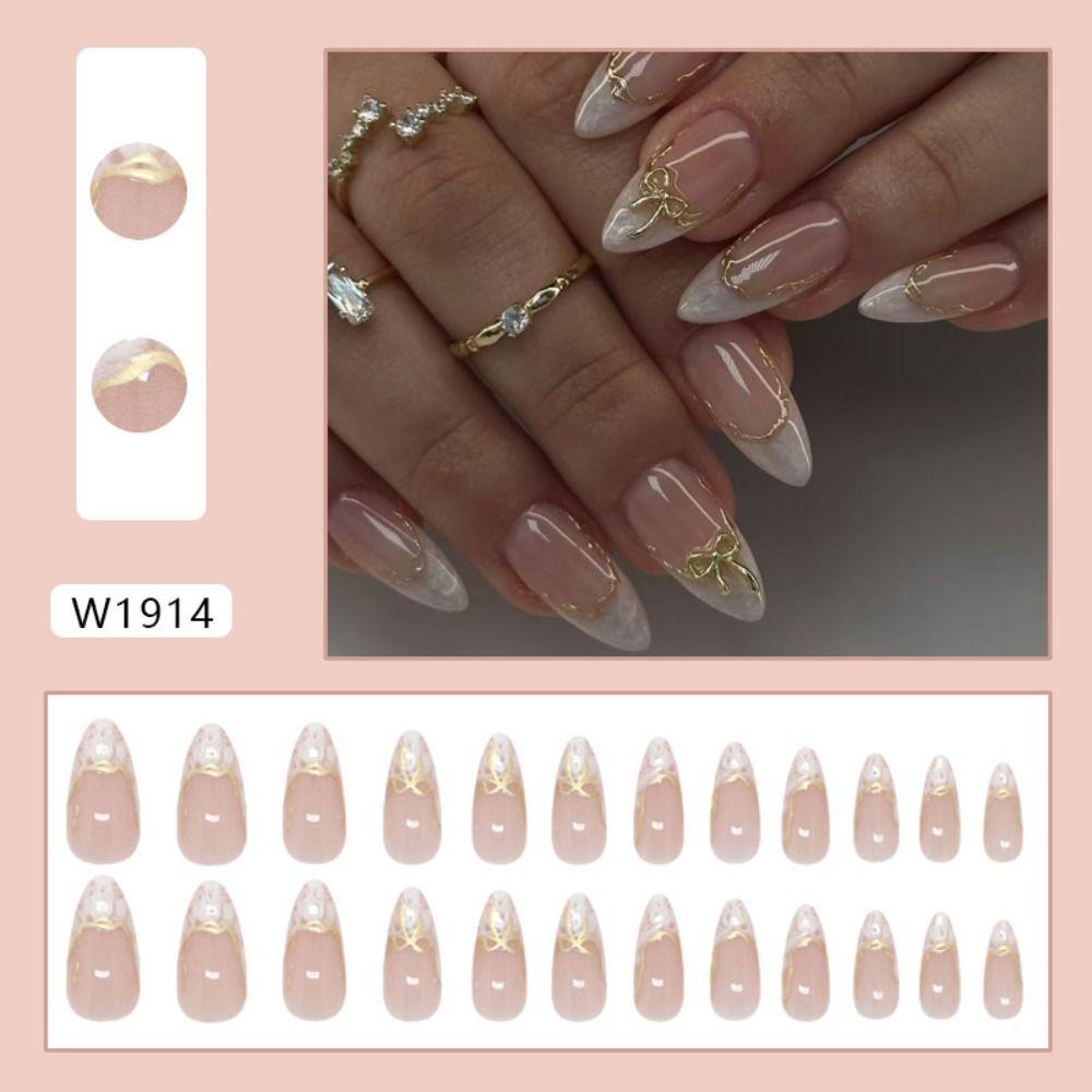 24pcs Long Almond Fake Nails French Nail Tips Manicure Press On Nails  DIY