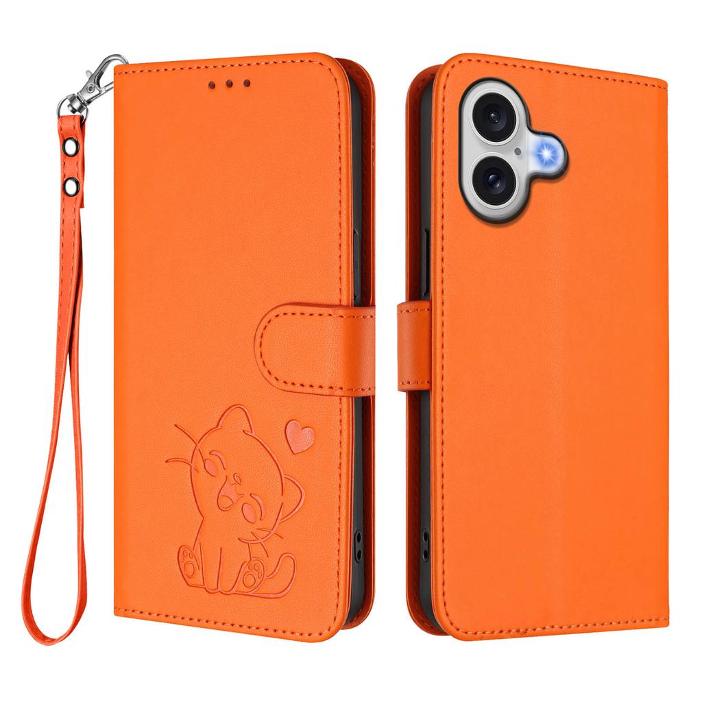 For iPhone 17 Wallet Case with Wrist Strap Love Cat Pattern Imprint Leather Phone Cover
