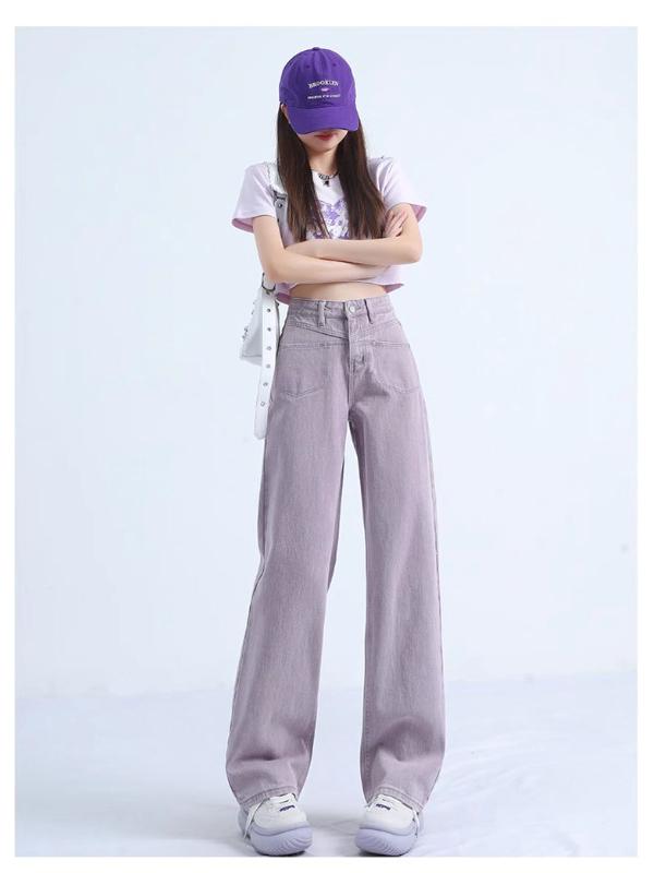 Jeans de damă 2025 Stil coreean Roz murdar Talie înaltă Croială slim - Picior drept lat, Stil american la modă.