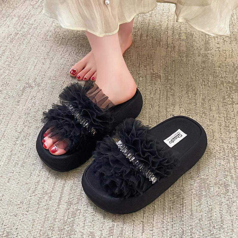 Mesh Sandals Fairy 2025 Summer Rhinestone Thick Bottom Small Fragrant Style Fashion Tide with Internet Celebrities One Word Cool Slippers