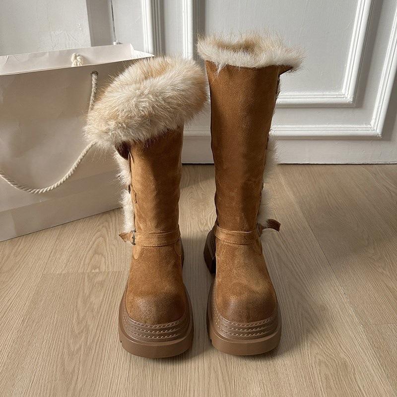 Dicke Sohle, zwei Tragemöglichkeiten, flauschige Schneestiefel für dünne Frauen im Winter, Nordost-Stiefel, hoch und samtig, aber knielang