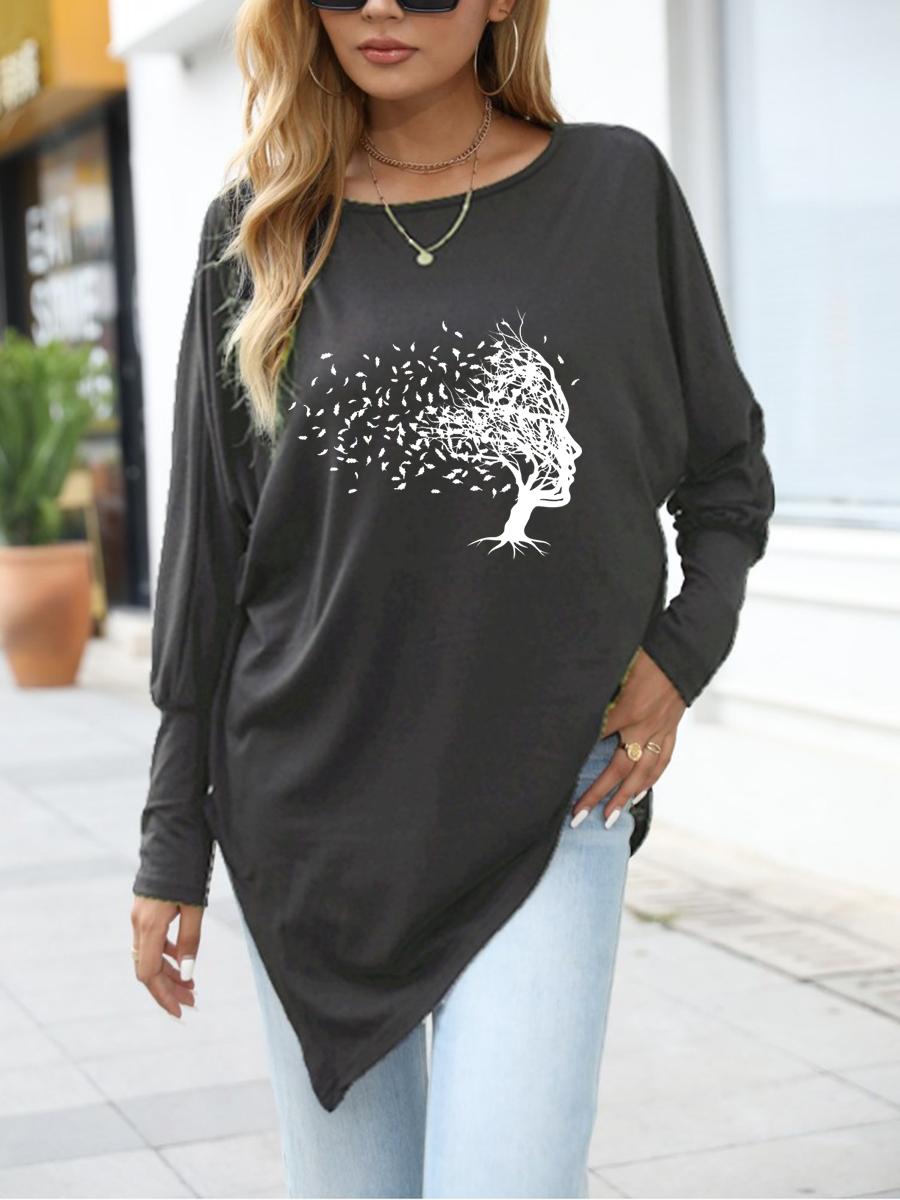 

Women s Spring/Fall Asymmetrical Hem T-Shirt Fashion Printed Logn Sleeve Top Women s Oversize Long-Sleeve 5XL серый